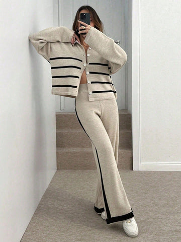Women's Striped Drop Shoulder Long Sleeve Single-Breasted Knit Cardigan And Knit Pants