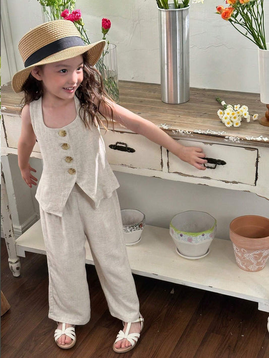 Young Girl Woven Solid Color Square Neck Sleeveless Top & Wide Leg Pants