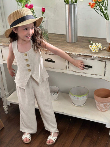 Young Girl Woven Solid Color Square Neck Sleeveless Top & Wide Leg Pants