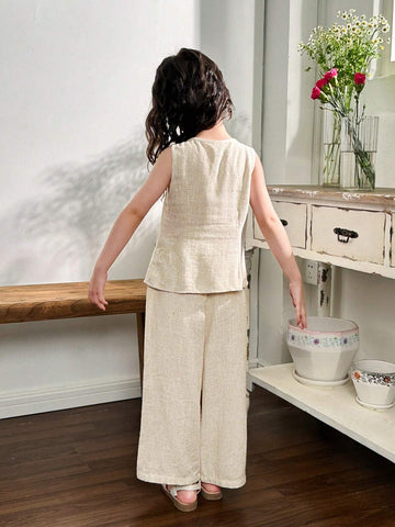 Young Girl Woven Solid Color Square Neck Sleeveless Top & Wide Leg Pants