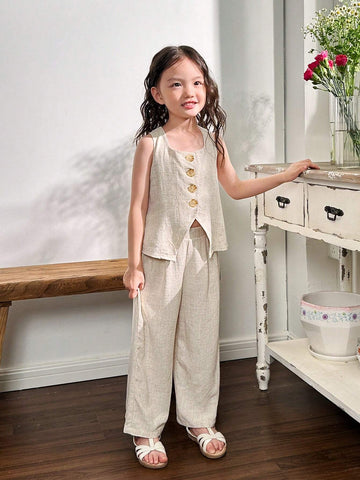 Young Girl Woven Solid Color Square Neck Sleeveless Top & Wide Leg Pants