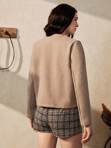 Fashionable French Elegant Short Round Neck Long Sleeve Women Overcoat