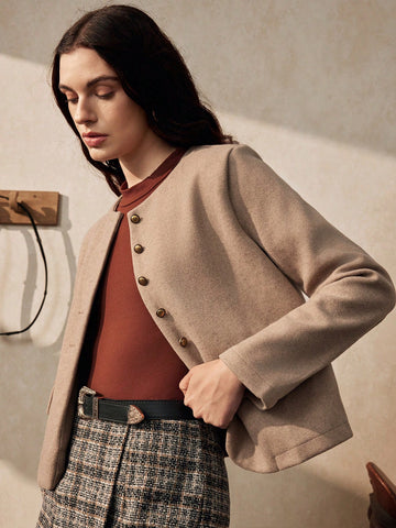 Fashionable French Elegant Short Round Neck Long Sleeve Women Overcoat