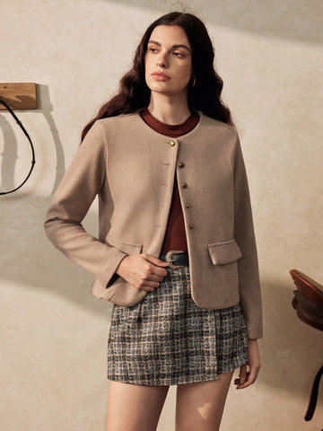 Fashionable French Elegant Short Round Neck Long Sleeve Women Overcoat