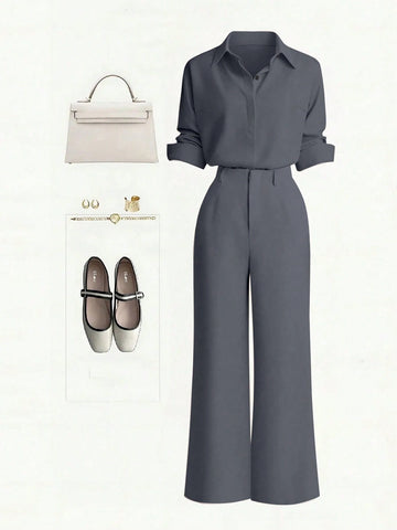 Single-Breasted Shirt & Casual Straight Leg Pants