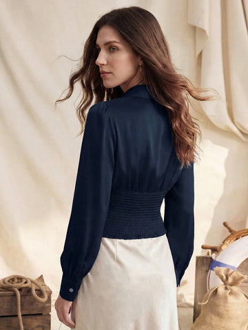 Women's Solid Color Pleated Button Elegant Fitted Long Sleeve Blouse