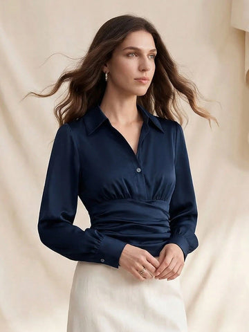Women's Solid Color Pleated Button Elegant Fitted Long Sleeve Blouse