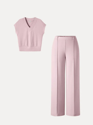 V-Neck Short Sleeve Top & Cropped Straight-Leg Pants
