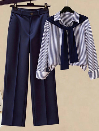 Striped Shawl Collar Shirt And High Waist Wide Leg Pants