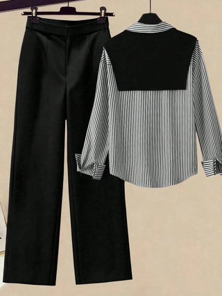 Striped Shawl Collar Shirt And High Waist Wide Leg Pants