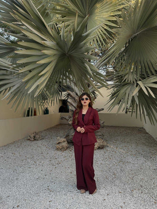 Lapel V-Neck Long Sleeve Waist Belt Buttoned Blazer Jacket And Straight Wide-Leg Pants