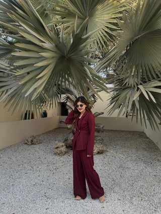 Lapel V-Neck Long Sleeve Waist Belt Buttoned Blazer Jacket And Straight Wide-Leg Pants
