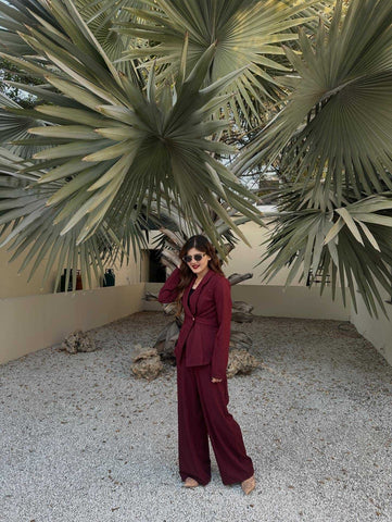 Lapel V-Neck Long Sleeve Waist Belt Buttoned Blazer Jacket And Straight Wide-Leg Pants