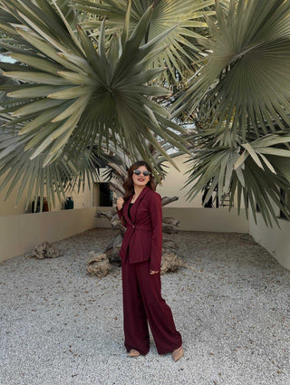 Lapel V-Neck Long Sleeve Waist Belt Buttoned Blazer Jacket And Straight Wide-Leg Pants