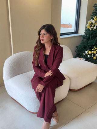 Lapel V-Neck Long Sleeve Waist Belt Buttoned Blazer Jacket And Straight Wide-Leg Pants