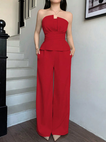 abyoxi 2pcs Set: Ruffled Tube Top + Wide Leg Pants