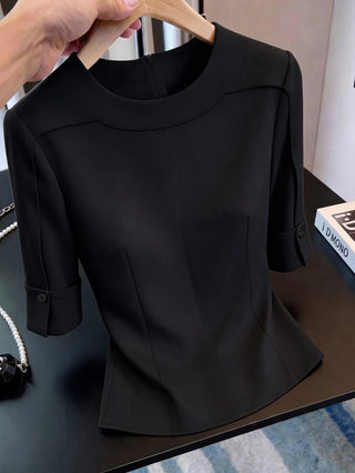 Solid Color Round Neck Casual Versatile Daily Outing Shirt