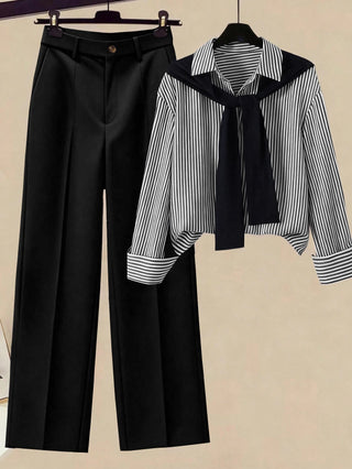 Striped Shawl Collar Shirt And High Waist Wide Leg Pants