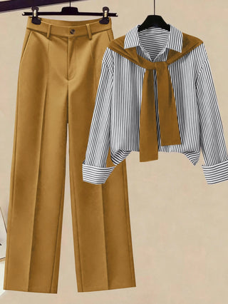 Striped Shawl Collar Shirt And High Waist Wide Leg Pants