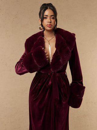 Elegant Faux Fur Collar & Sleeve Long Coat