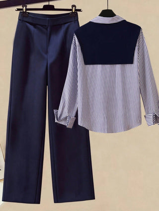 Striped Shawl Collar Shirt And High Waist Wide Leg Pants