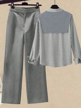 Striped Shawl Collar Shirt And High Waist Wide Leg Pants