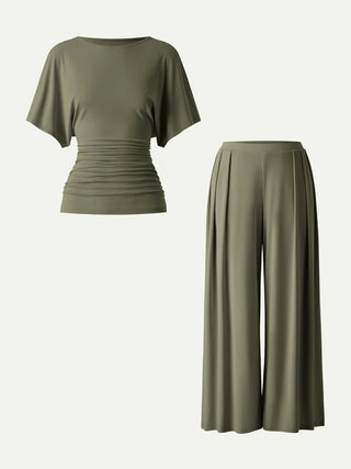 2Pcs Set Boatneck Sleeve Top & Wide Leg Palazzo Pant with Pockets