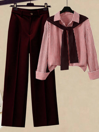 Striped Shawl Collar Shirt And High Waist Wide Leg Pants