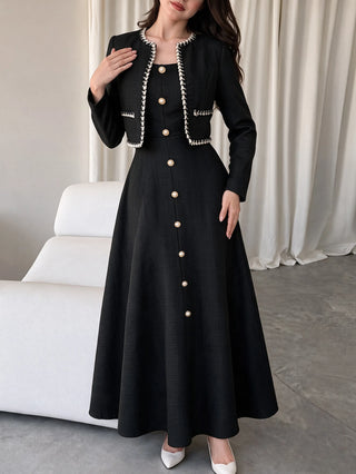 French Sweet Dress With Metal Buckle Waist And A-Line Skirt