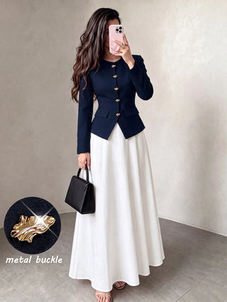 Round Neck Metal Button Jacket Flared Skirt Set