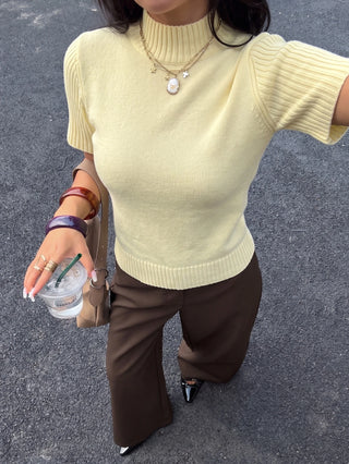 Solid Color Turtleneck Short Sleeve Knit Top