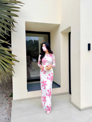 Floral Print Pleated Long Sleeve Dress