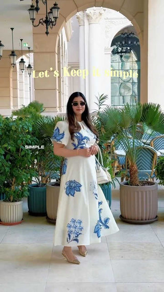 Women's Elegant Floral Print Puff Sleeve A-Line Dress