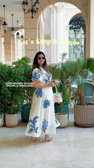 Women's Elegant Floral Print Puff Sleeve A-Line Dress