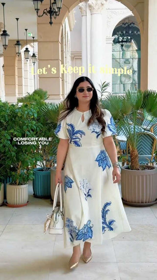 Women's Elegant Floral Print Puff Sleeve A-Line Dress