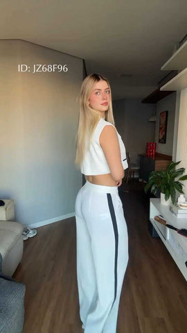 V-Neck Sleeveless Jacket With Pocket Flap Design, Loose Fit Wide Leg Pants
