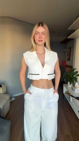 V-Neck Sleeveless Jacket With Pocket Flap Design, Loose Fit Wide Leg Pants