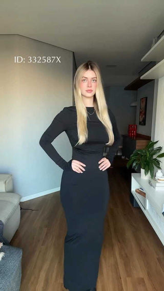 Women's Sexy Backless, Waist Ruched, Skintight, Long Sleeve, Dress