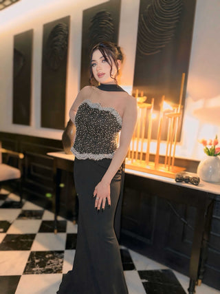 Strapless Pearl Decorated Evening Gown