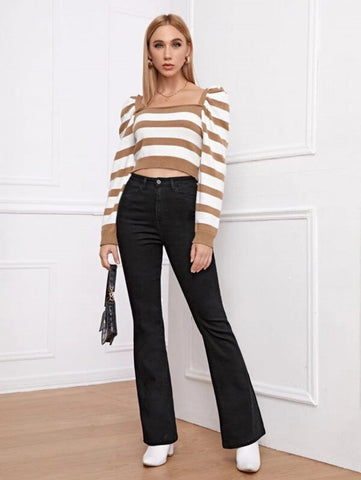 High Waisted Flare Hem Skinny Jeans