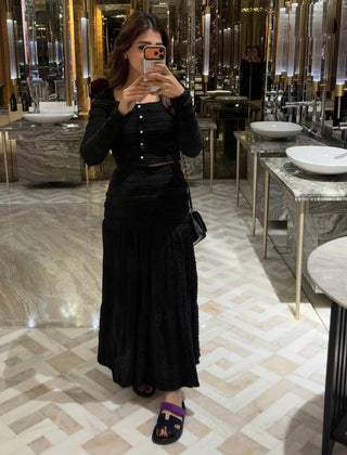 Textured Fabric Long Sleeve Square Neck Button-Up Top With Paneled Design And Flared Skirt