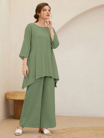 Asymmetrical Hem Solid Top & Pants Set