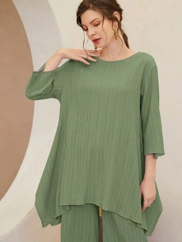 Asymmetrical Hem Solid Top & Pants Set