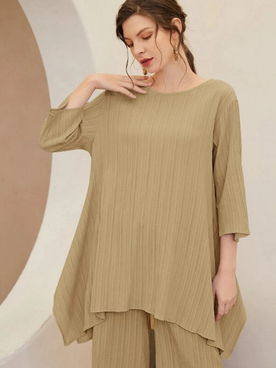 Asymmetrical Hem Solid Top & Pants Set