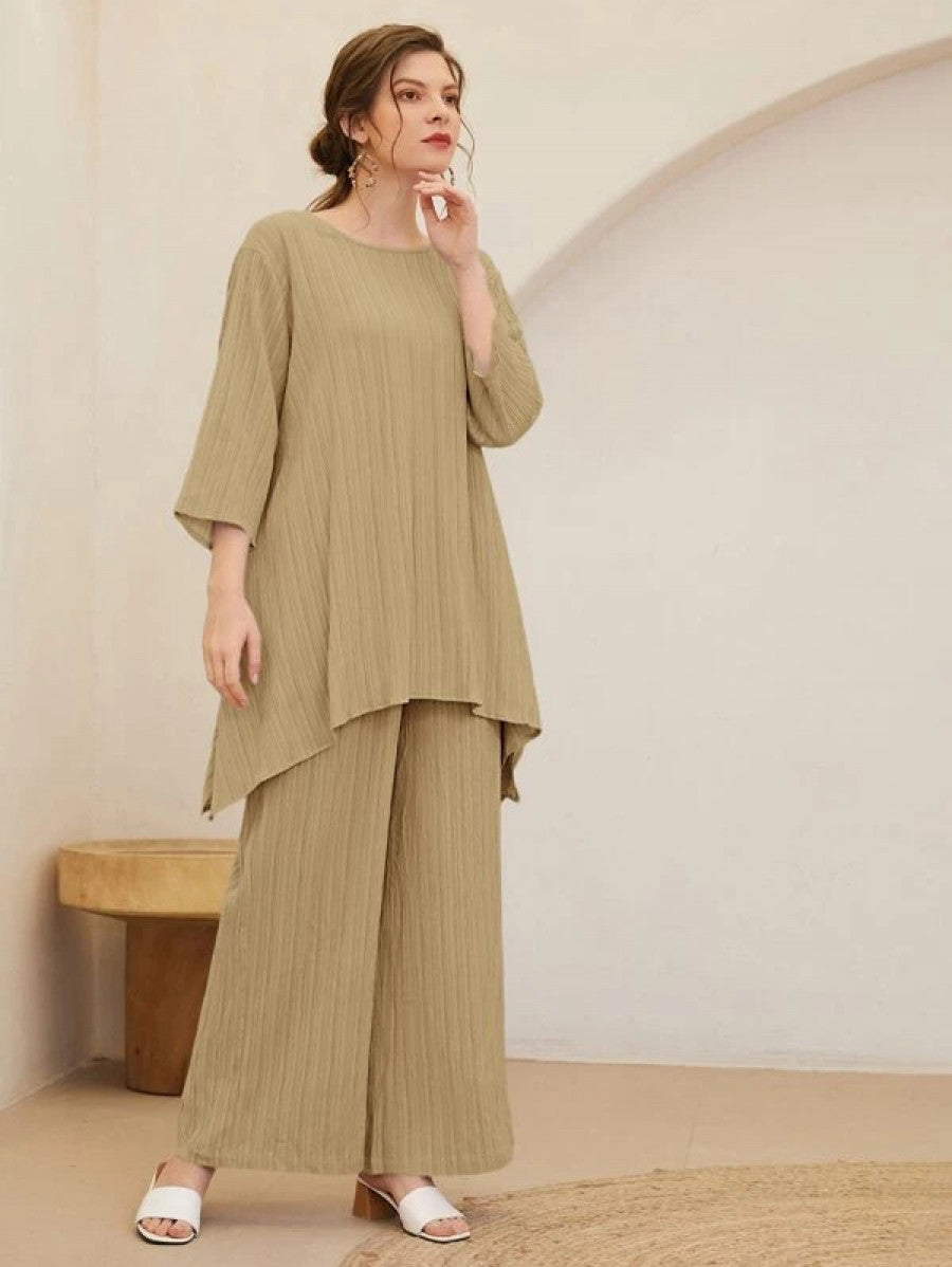 Asymmetrical Hem Solid Top & Pants Set