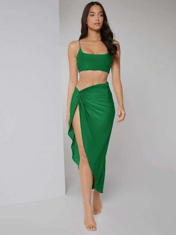 Solid Crop Cami Top & Twist Waist Skirt Set