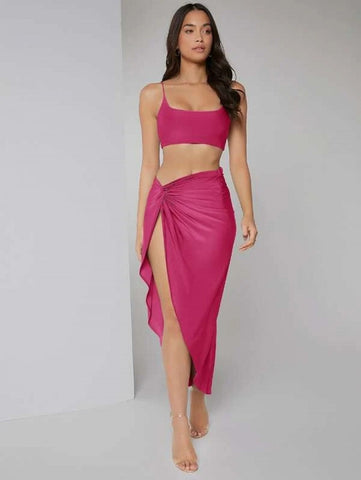 Solid Crop Cami Top & Twist Waist Skirt Set