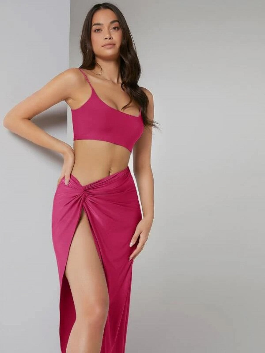 Solid Crop Cami Top & Twist Waist Skirt Set