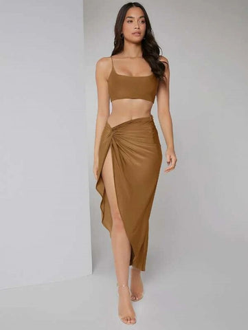 Solid Crop Cami Top & Twist Waist Skirt Set