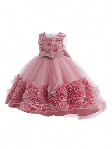 Young Girl Appliques Bow Front Mesh Hem Party Dress